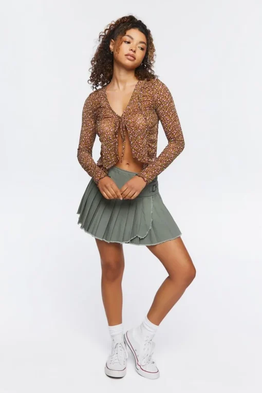 Ditsy Floral Tie-Front Mesh Top