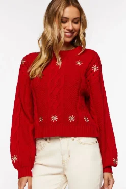 Embroidered Floral Cable Knit Sweater
