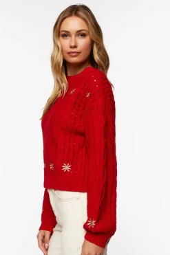 Embroidered Floral Cable Knit Sweater