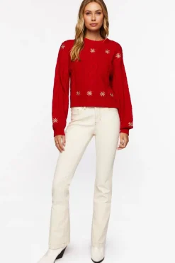 Embroidered Floral Cable Knit Sweater