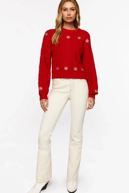 Embroidered Floral Cable Knit Sweater