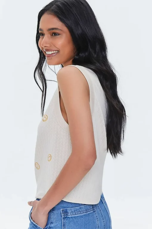 Embroidered Happy Face Tank Top