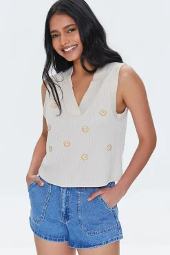 Embroidered Happy Face Tank Top