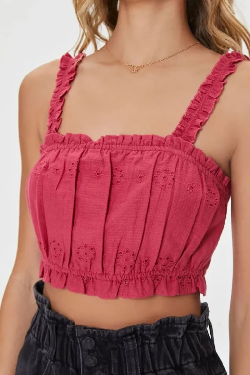 Eyelet Floral Ruffled Crop Top