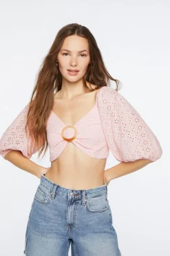 Eyelet O-Ring Smocked Crop Top