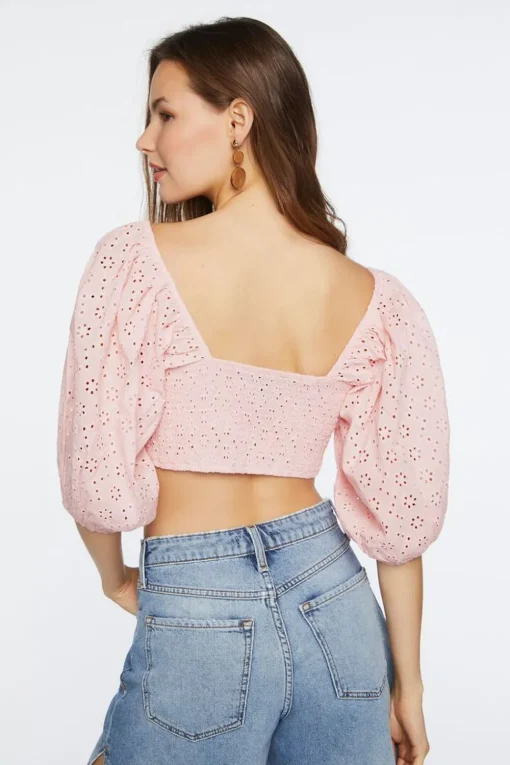 Eyelet O-Ring Smocked Crop Top
