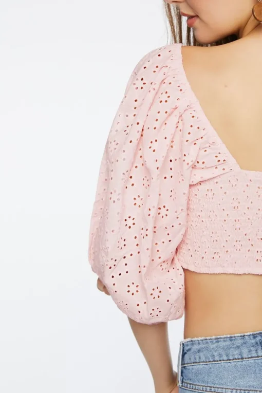 Eyelet O-Ring Smocked Crop Top