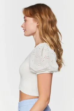 Eyelet Puff-Sleeve Crop Top