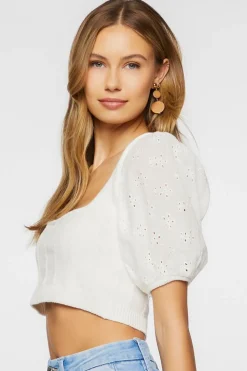 Eyelet Sweater-Knit Crop Top