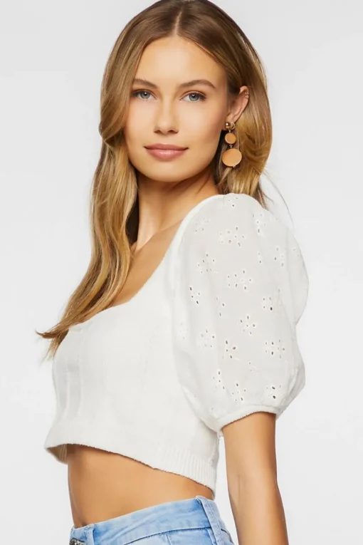 Eyelet Sweater-Knit Crop Top