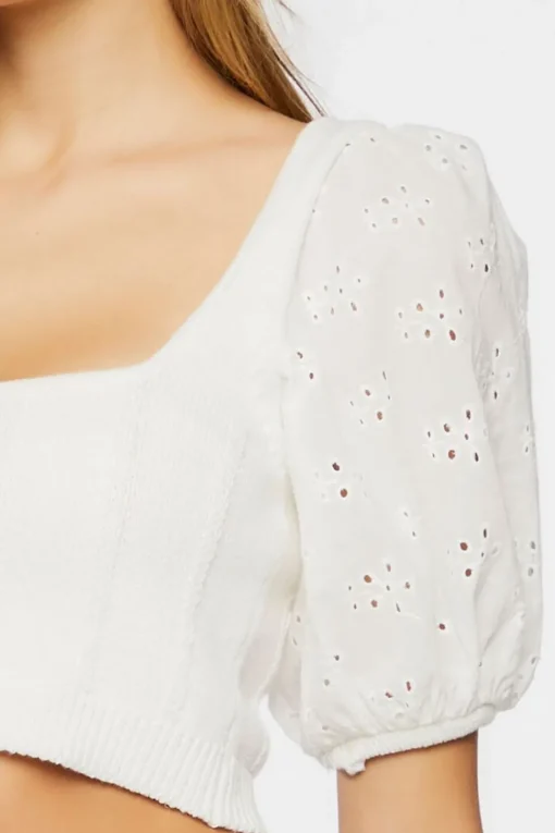 Eyelet Sweater-Knit Crop Top