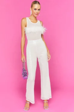 Faux Feather Sleeveless Mesh Bodysuit