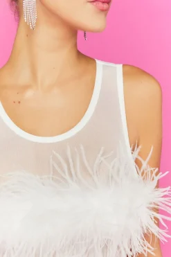 Faux Feather Sleeveless Mesh Bodysuit
