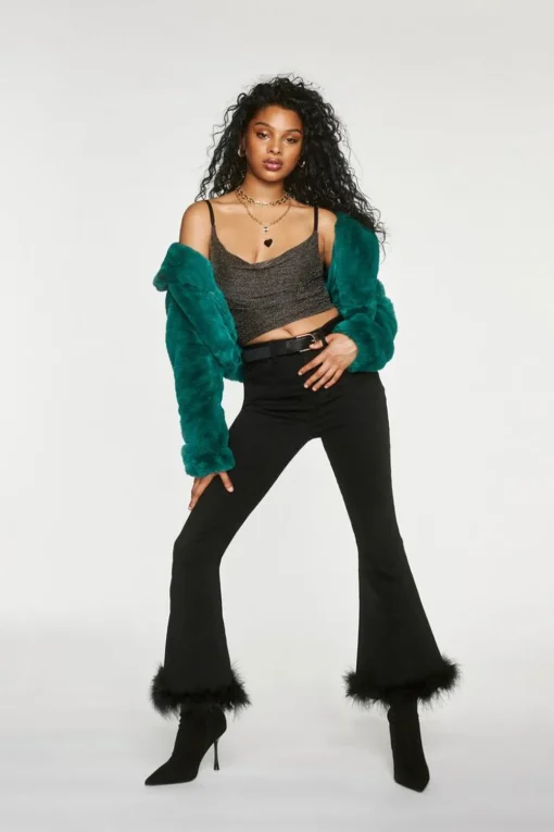 Faux Feather-Hem Jeans