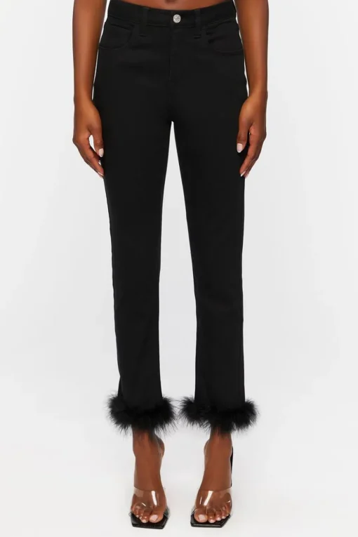 Faux Feather-Hem Jeans
