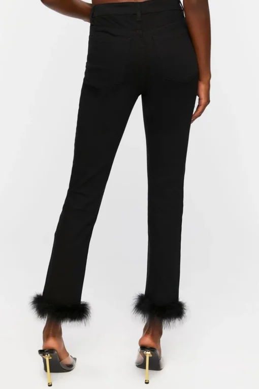 Faux Feather-Hem Jeans
