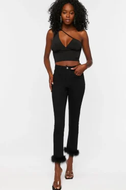 Faux Feather-Hem Jeans