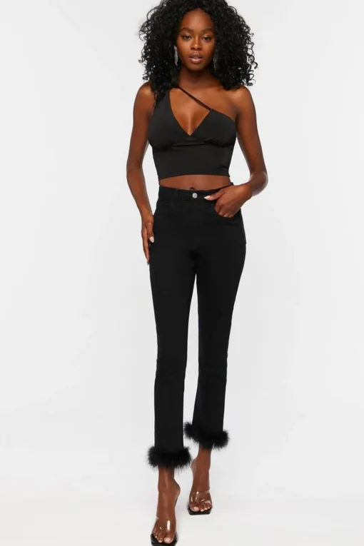 Faux Feather-Hem Jeans