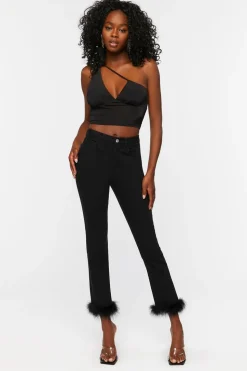 Faux Feather-Hem Jeans