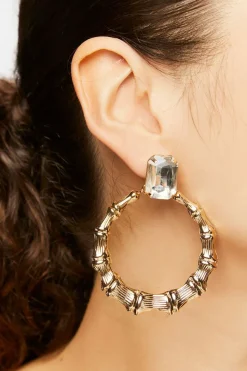 Faux Gem Bamboo Drop-Hoop Earrings
