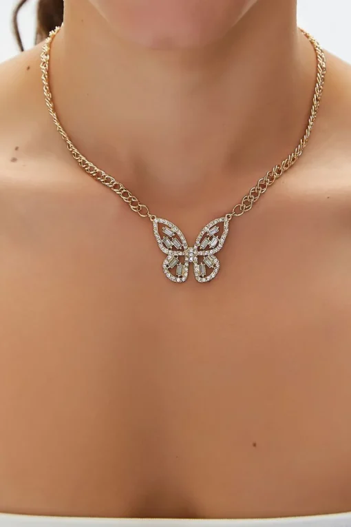 Faux Gem Butterfly Pendant Necklace