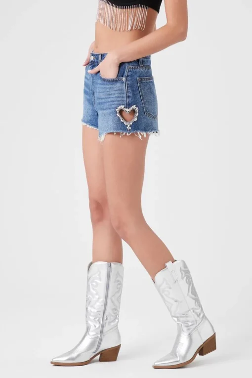 Faux Gem Heart Denim Shorts