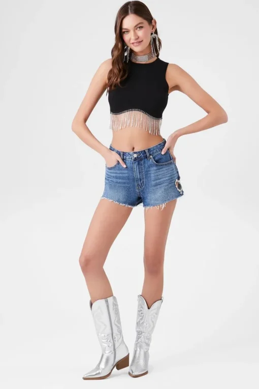 Faux Gem Heart Denim Shorts