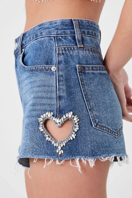 Faux Gem Heart Denim Shorts
