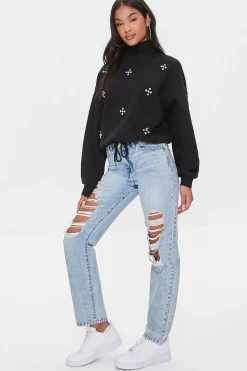 Faux Gem Mock Neck Pullover