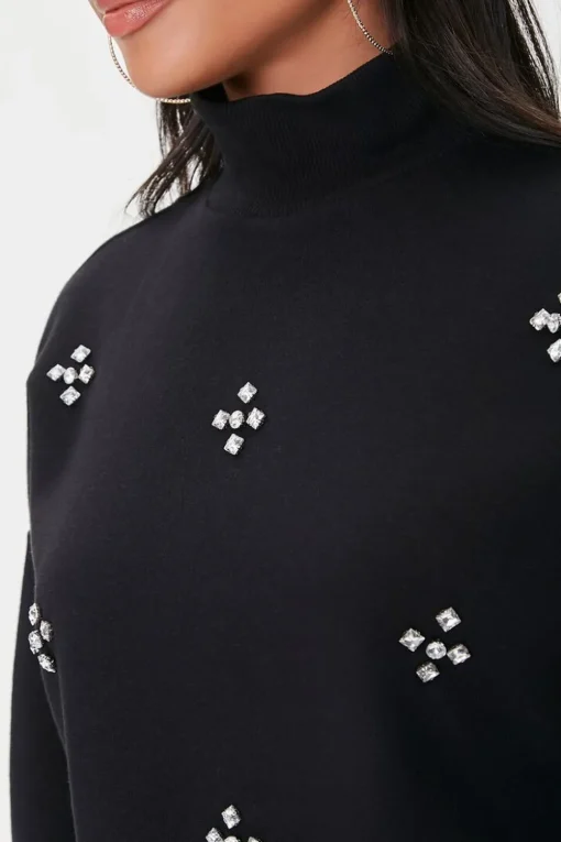 Faux Gem Mock Neck Pullover