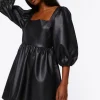 Faux Leather Balloon-Sleeve Mini Dress