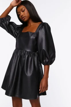 Faux Leather Balloon-Sleeve Mini Dress