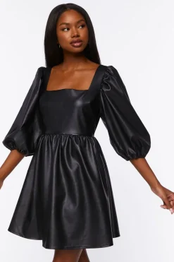 Faux Leather Balloon-Sleeve Mini Dress