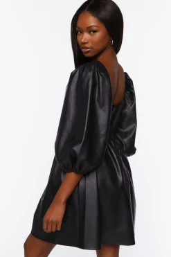 Faux Leather Balloon-Sleeve Mini Dress