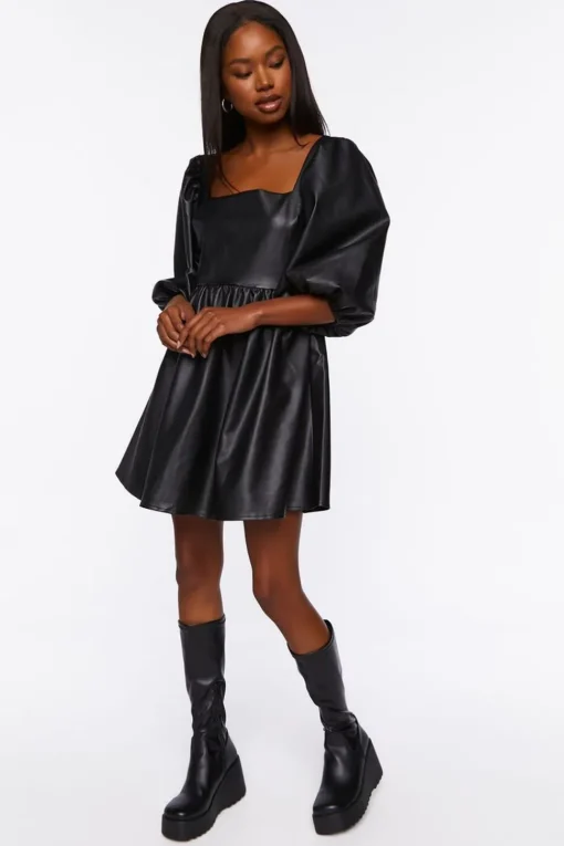 Faux Leather Balloon-Sleeve Mini Dress