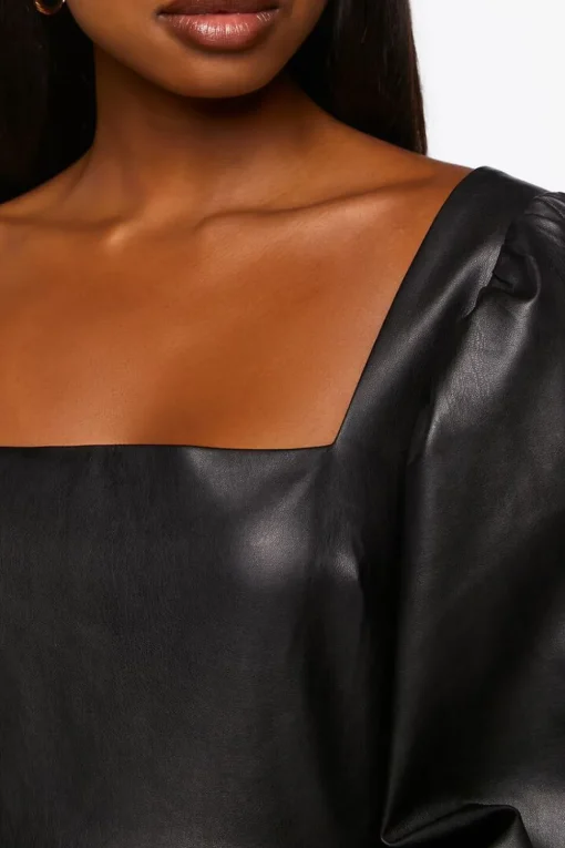 Faux Leather Balloon-Sleeve Mini Dress