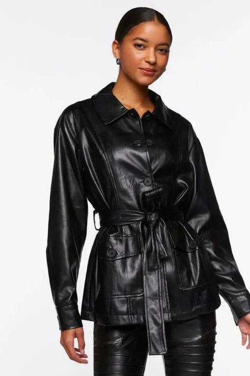 Faux Leather Belted Shacket