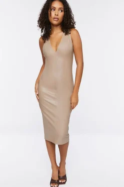 Faux Leather Bodycon Midi Dress