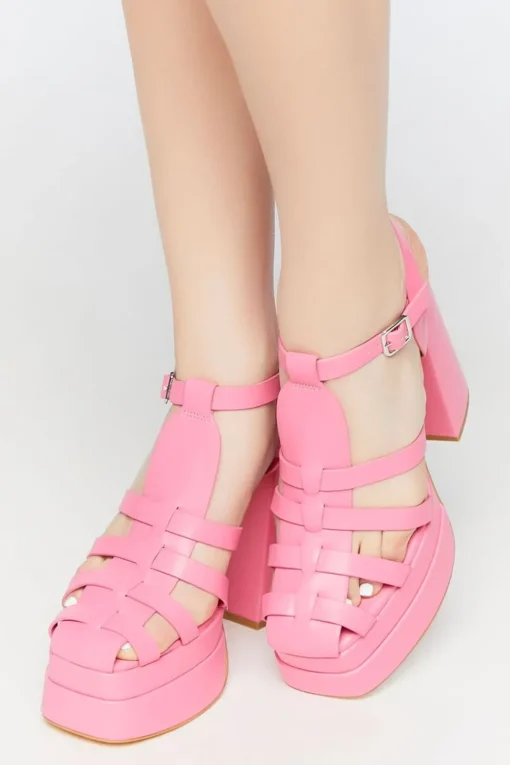 Faux Leather Caged Platform Heels