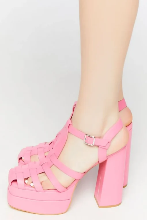 Faux Leather Caged Platform Heels