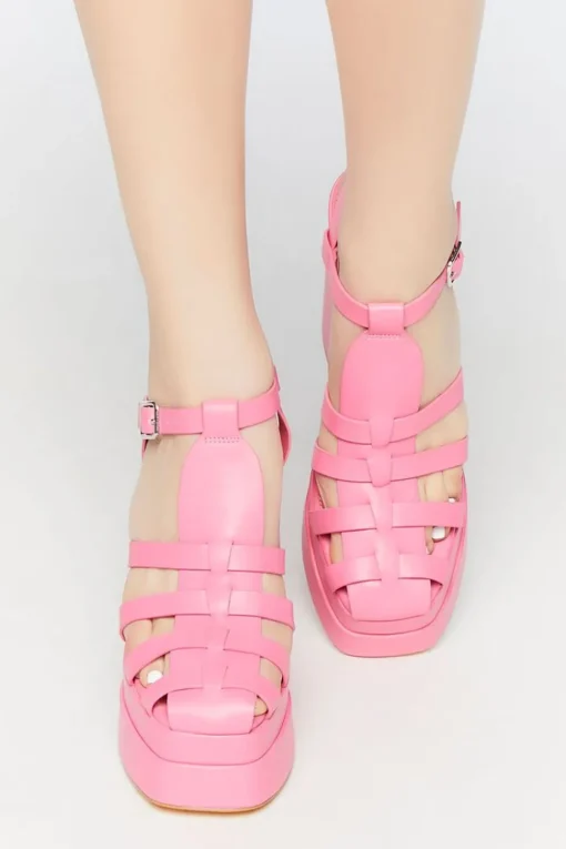 Faux Leather Caged Platform Heels