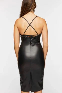 Faux Leather Crisscross Midi Dress