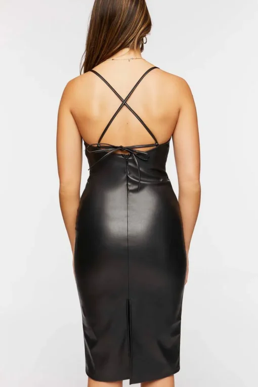 Faux Leather Crisscross Midi Dress