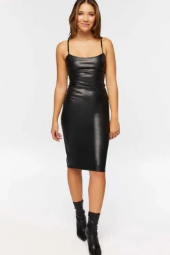 Faux Leather Crisscross Midi Dress