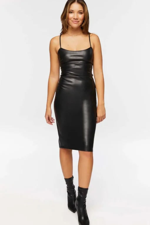 Faux Leather Crisscross Midi Dress