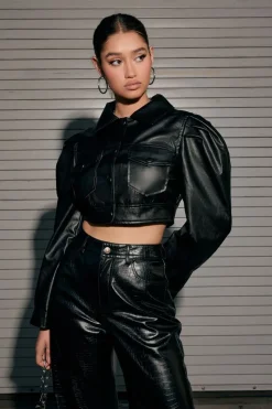 Faux Leather Cropped Trucker Jacket