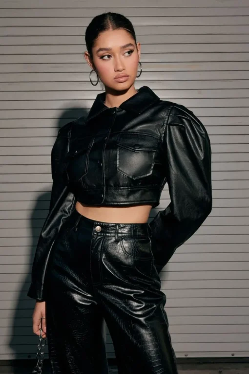 Faux Leather Cropped Trucker Jacket