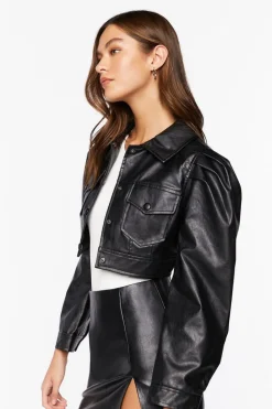 Faux Leather Cropped Trucker Jacket