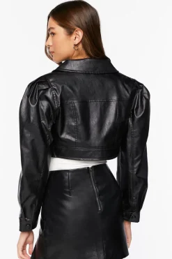 Faux Leather Cropped Trucker Jacket