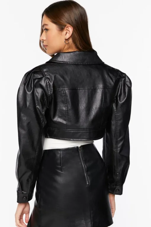 Faux Leather Cropped Trucker Jacket